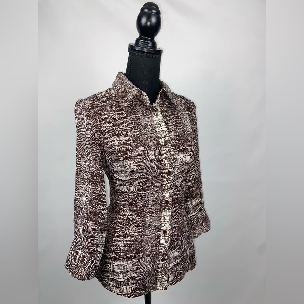 Short Sleeve Blouse Button Down Top Medium Brown Gold Metallic Sere Nade - Picture 2 of 10